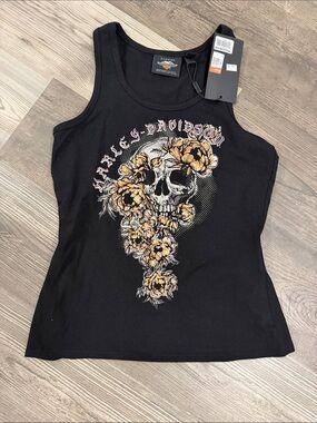 Harley-Davidson Black Tank with Yellow Floral Skull Graphic Size Small